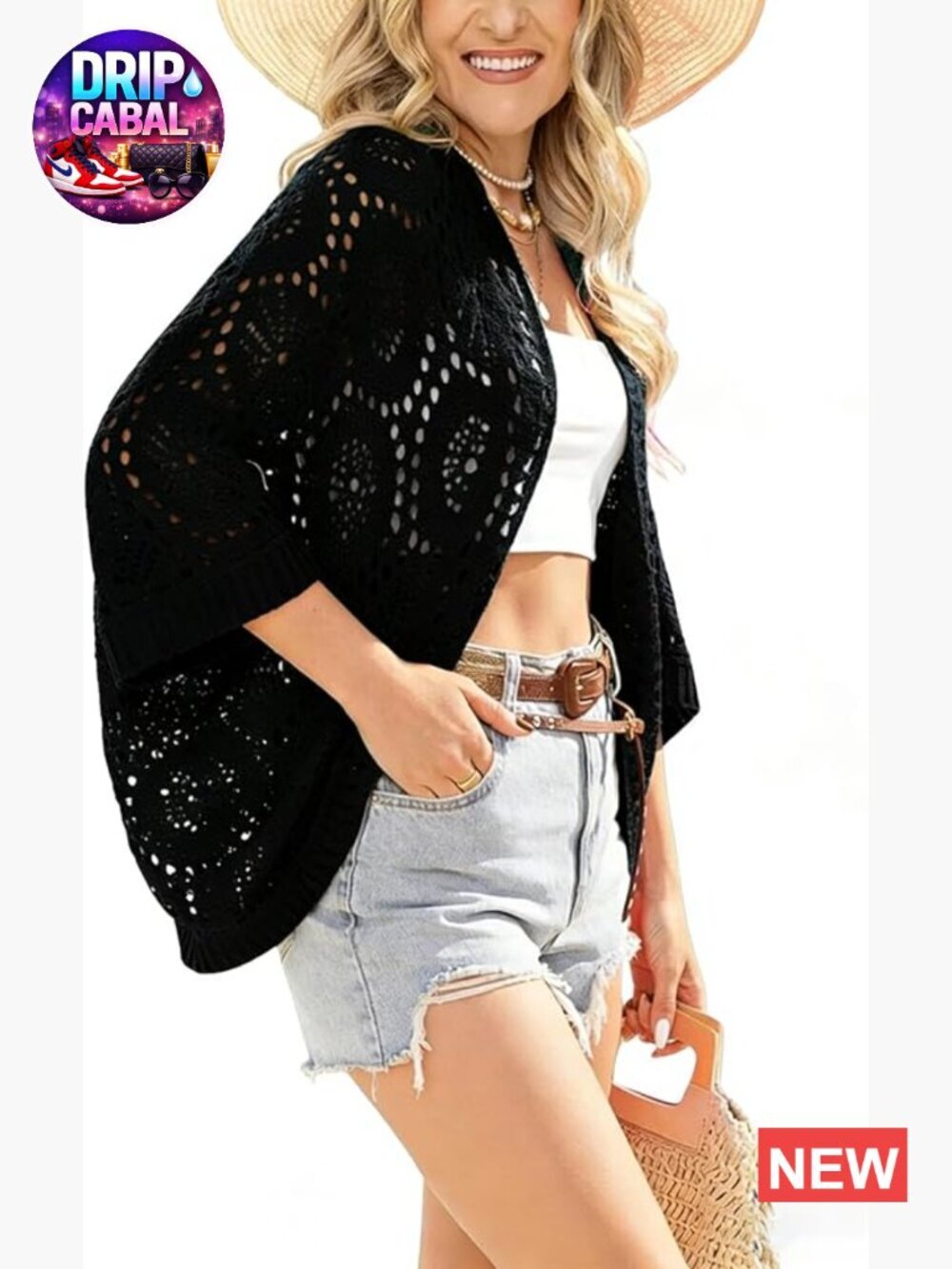 Lightweight Crochet Cardigan 3/4 Sleeve Open Front Knit Kimono Beach Cover Up